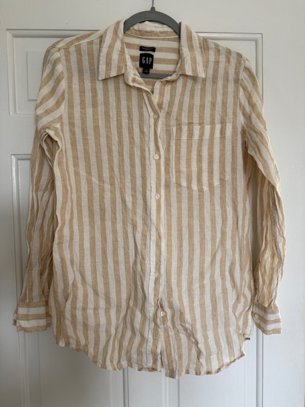 GAP 100% Linen Beige and White Striped Button-Down Shirt